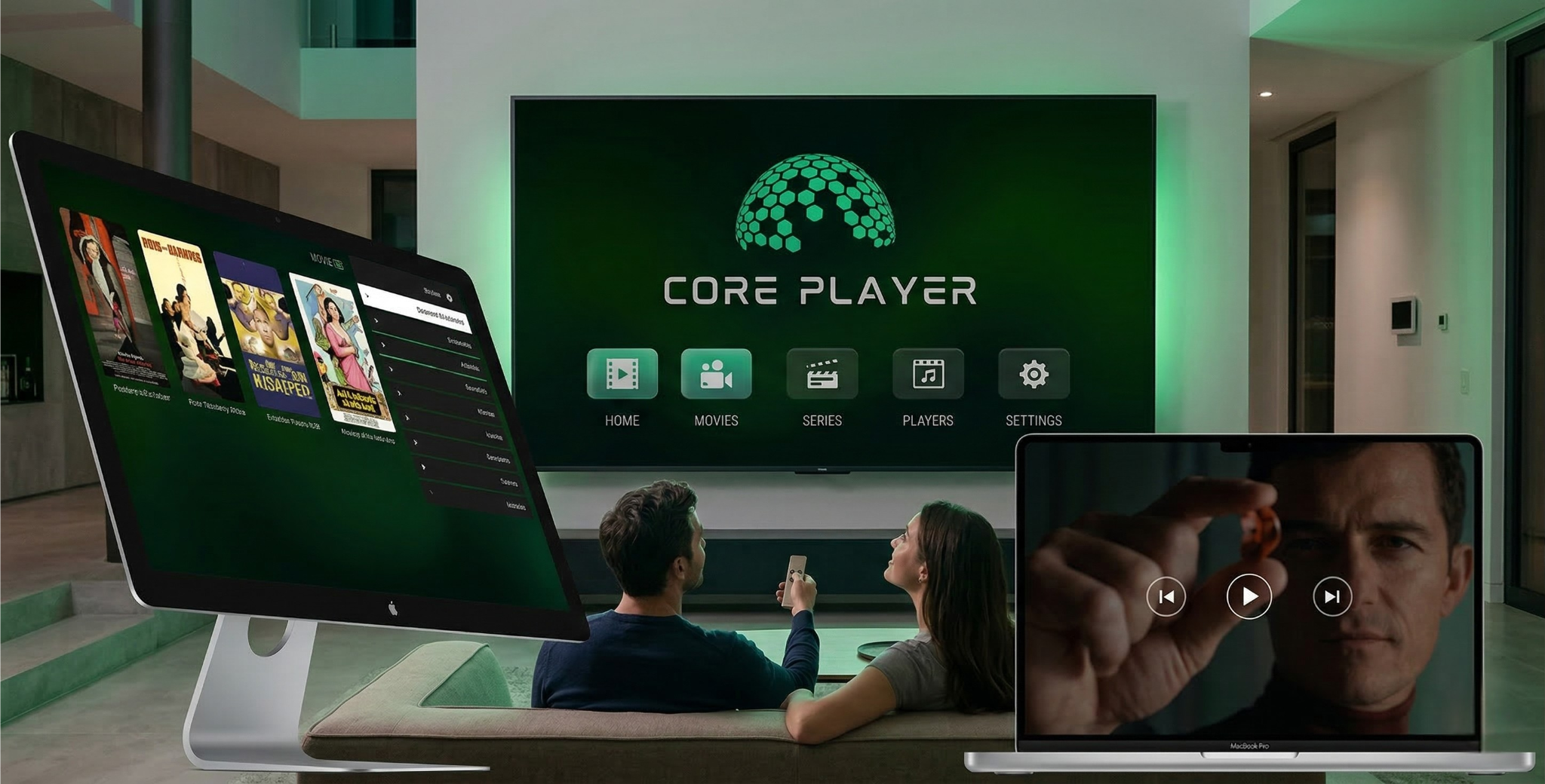 Interface oficial do aplicativo Core Player IPTV ativado em uma Smart TV 4K